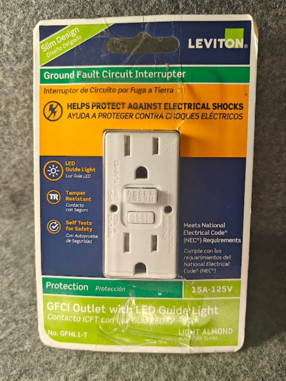 Leviton GFCI Outlet 15A LED Guide Light Light Almond NEW / OPENED PACKAGE